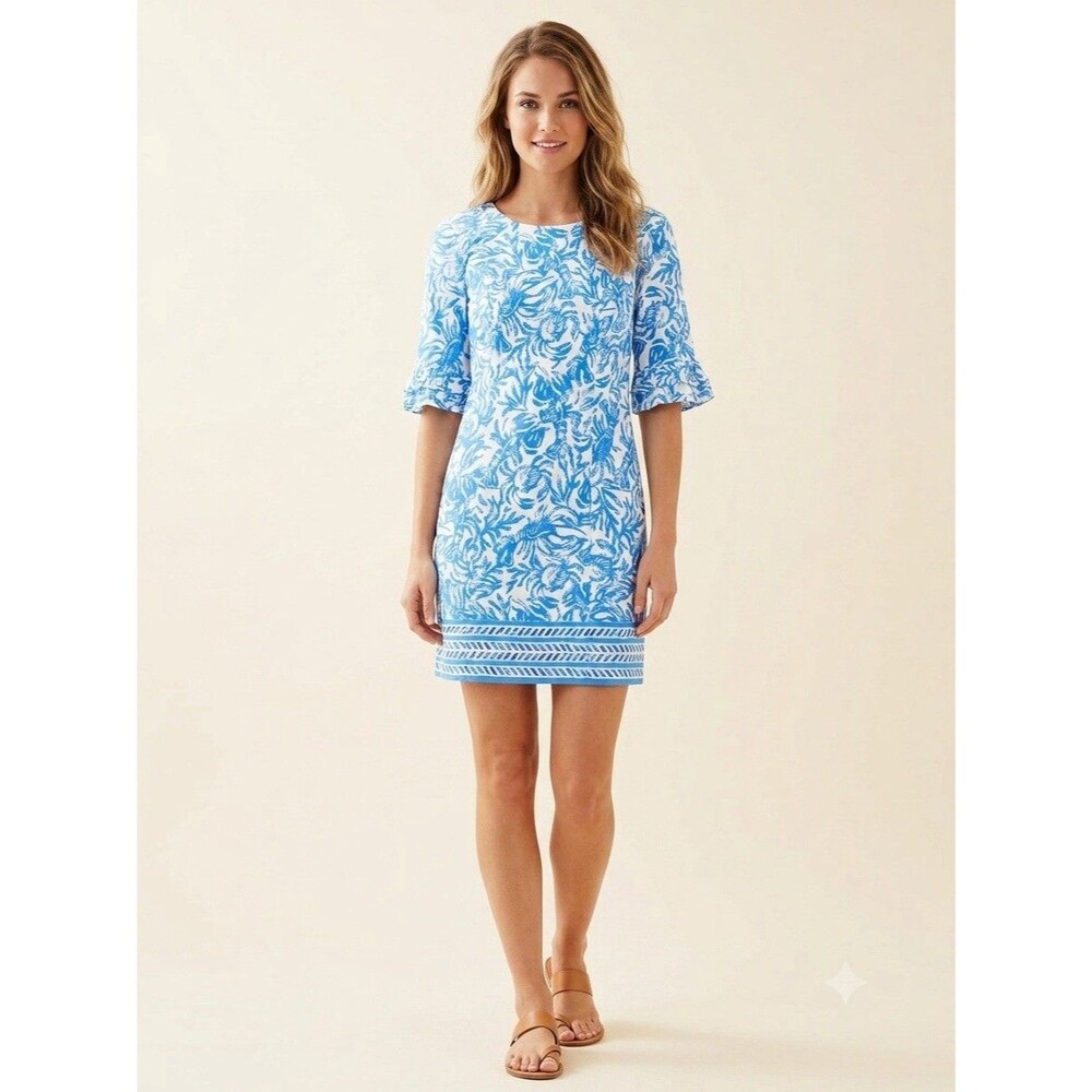 Lilly Pulitzer Fiesta Lobster Shift Dress 2 Blue Coastal Preppy Resortwear Mini